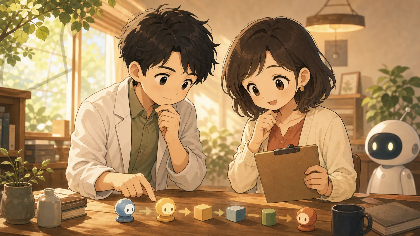 AIワーカーと夫婦が品質を最終確認するイラスト