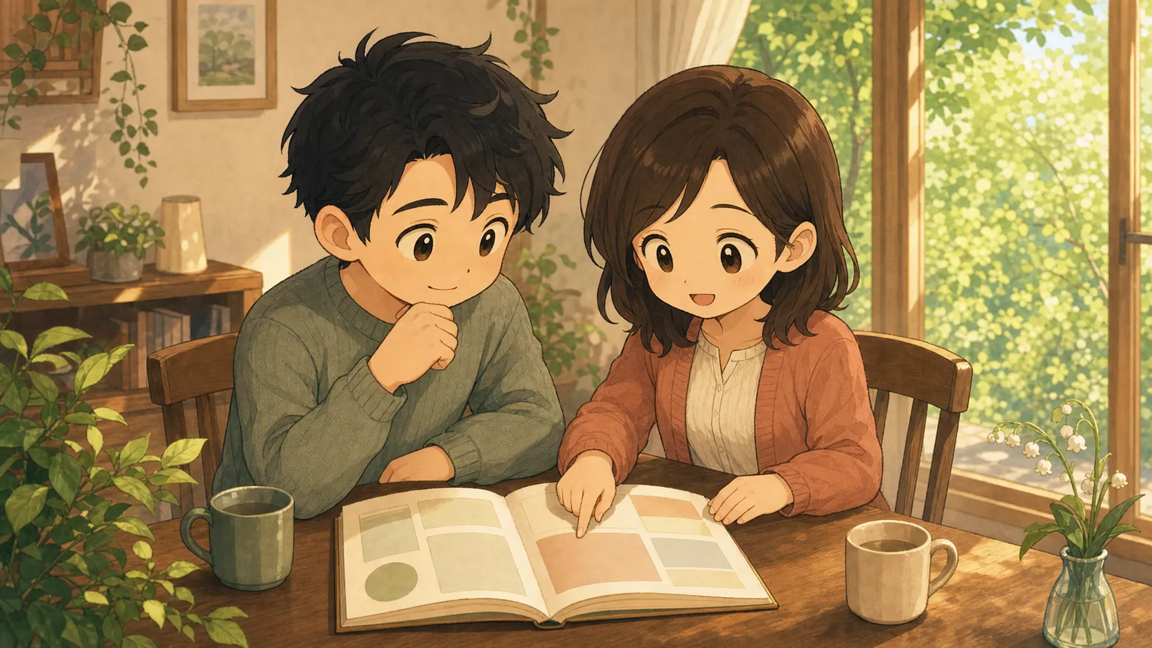 5月の家で夫婦が資産の記録を一緒に確認しているイラスト