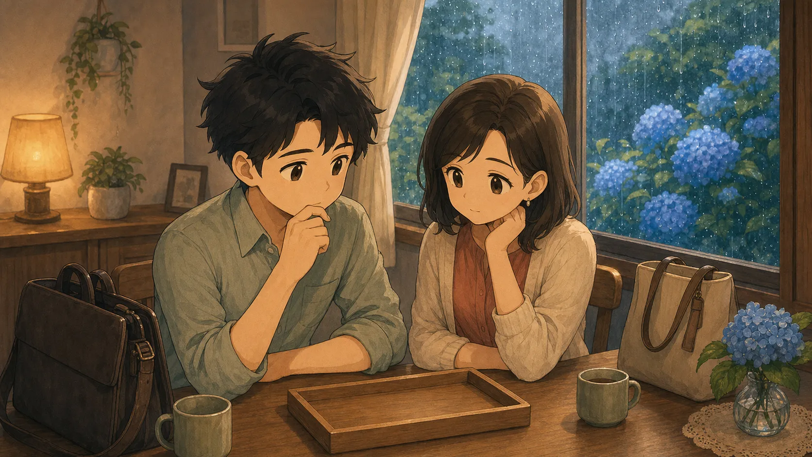 6月の雨の日、自分たちの選択肢を考える夫婦のイラスト