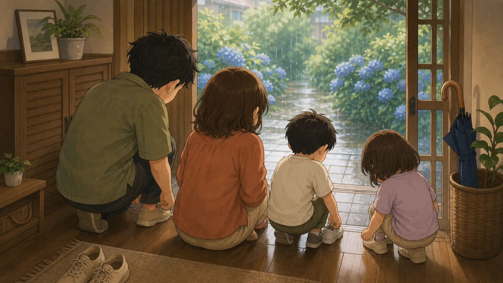 6月の雨上がり、4人家族で外出の支度をする時間を表したイメージイラスト