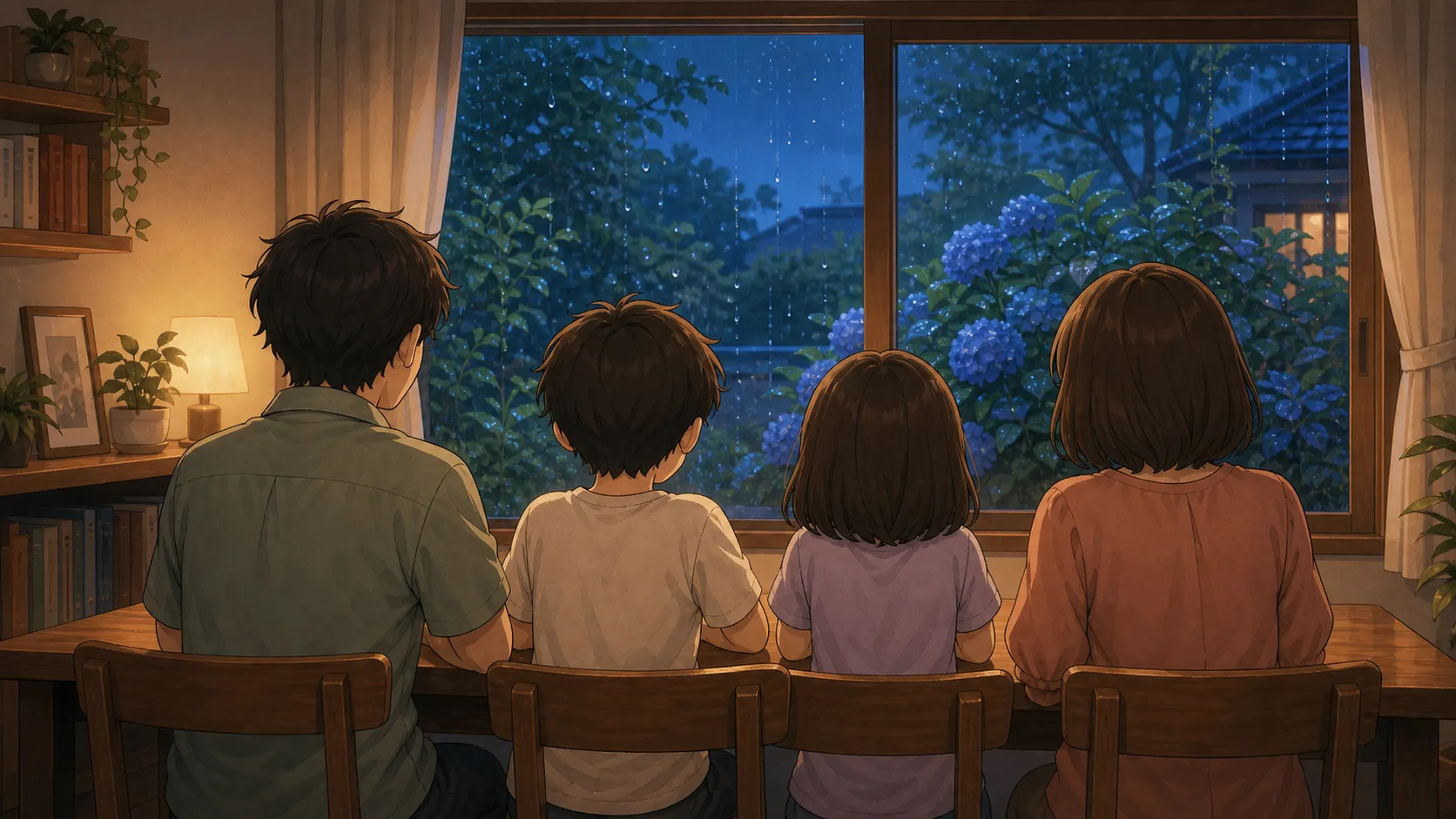6月の雨の夜、4人家族で穏やかに話す時間を表したイメージイラスト