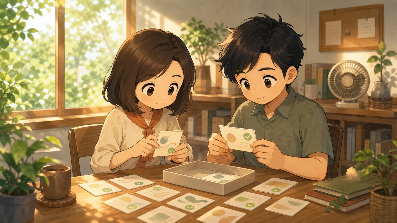 夏の作業部屋で夫婦が安全なメモだけを選ぶイラスト