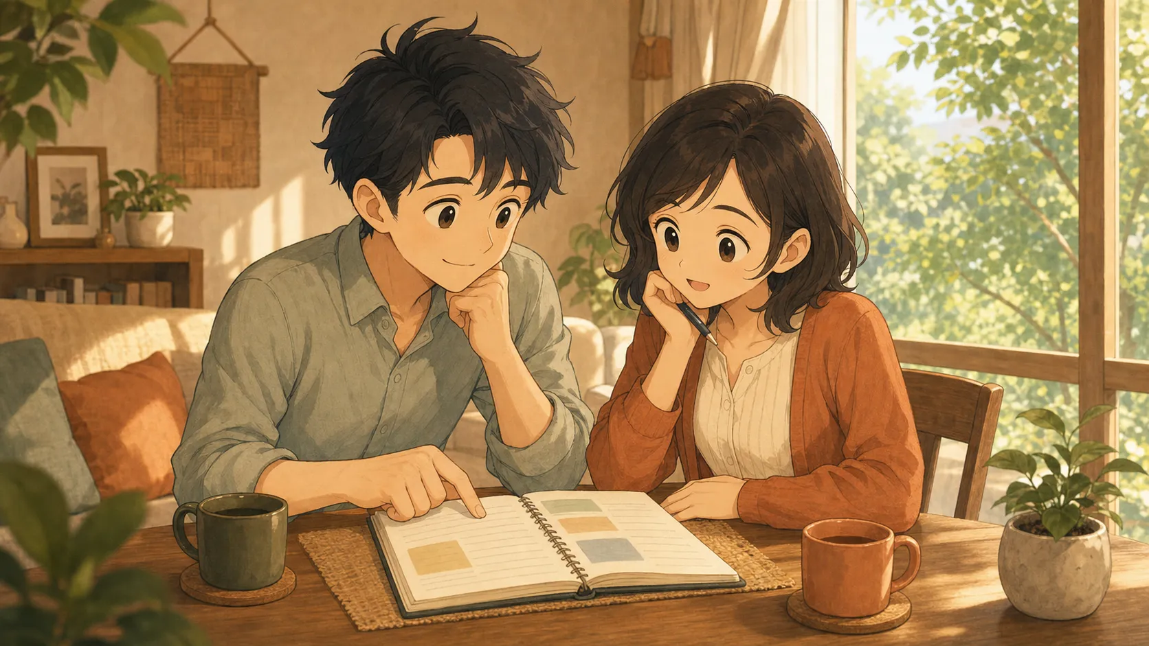 夫婦が初夏の家で家計と暮らしの選択肢を話すイラスト